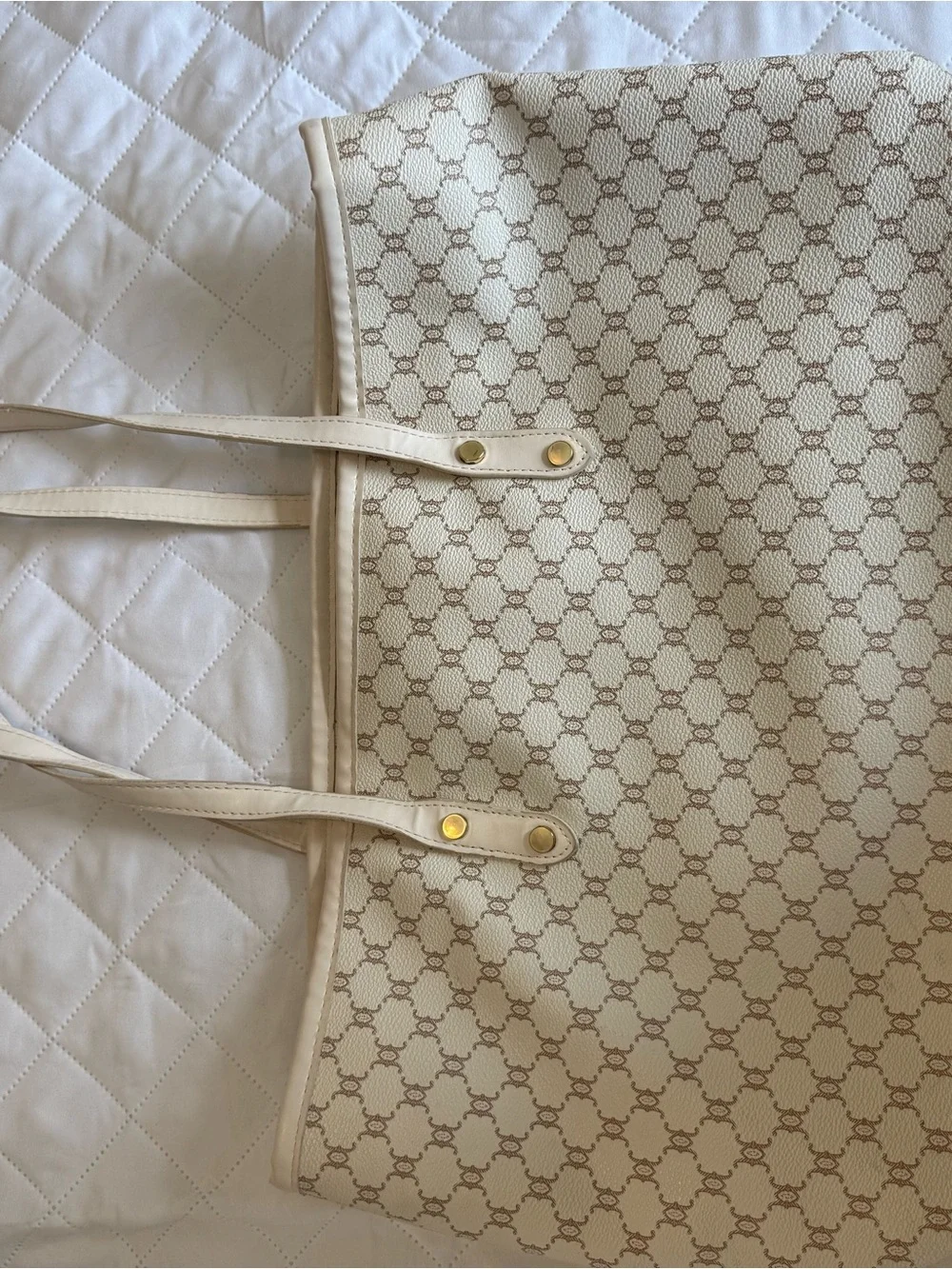 SHEIN Cream Tote with Brown Monogram Pattern